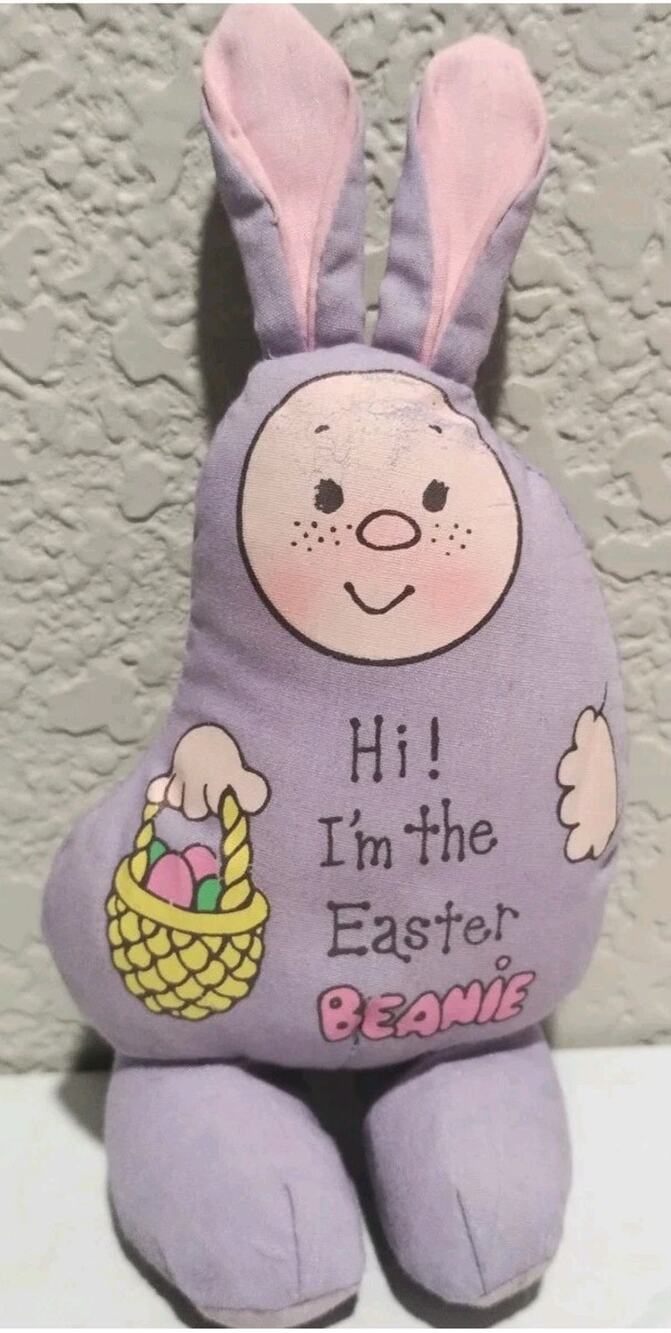 Vintage Human Bean 1982 HI! I'M THE EASTER BEANIE! Purple Bunny Ears Plush RARE
